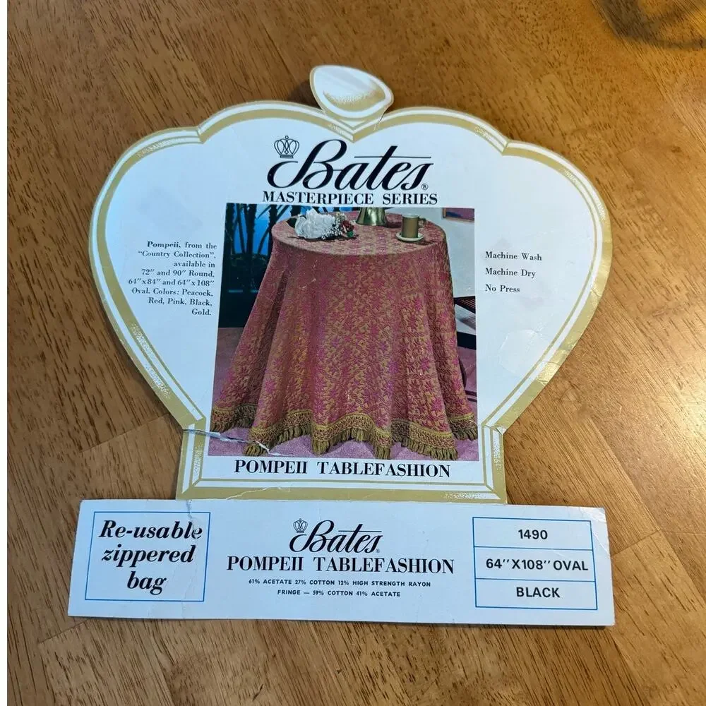 Vintage Bates Black Brown Oval Fringed Tablecloth 64x108